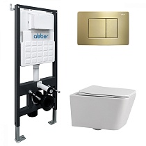 Комплект подвесной унитаз ABBER Rechteck AC1201 белый с инсталляцией AC0105 и кнопкой AC0120MMG золото матовое