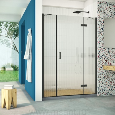 Дверь в душевой проем Vegas Glass AFP-F Retta 160 02М Moru R профиль черный матовый стекло Moru