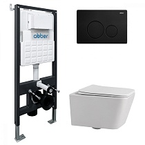 Комплект подвесной унитаз ABBER Rechteck AC1201 белый с инсталляцией AC0105 и кнопкой AC0121MB черный матовый