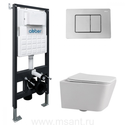 Комплект подвесной унитаз ABBER Rechteck AC1201 белый с инсталляцией AC0105 и кнопкой AC0120 хром