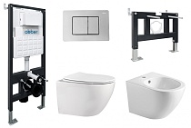Комплект ABBER унитаз AC1100 белый с инсталляцией AC0105 и кнопкой AC0120 хром, биде AC1150 с инсталляцией AC0101P