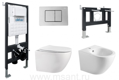 Комплект ABBER унитаз AC1100 белый с инсталляцией AC0105 и кнопкой AC0120 хром, биде AC1150 с инсталляцией AC0101P