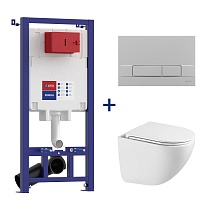 Комплект 3в1: Инсталляция Lemark PENEDA для унитазов с кнопкой смыва BIT хром матовый + унитаз подвесной безободковый GLAZER Торнадо белый глянец