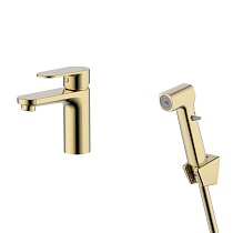 Смеситель Aquatek AQ1812BG НИКА для раковины 90 без донного клапана с гигиеническим ручным душем, шлиф.золото