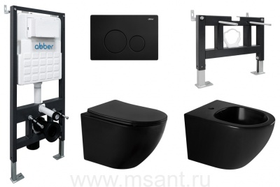Комплект ABBER унитаз AC1100MB черный матовый с инсталляцией AC0105 и кнопкой AC0121MB, биде AC1150MB с инсталляцией AC0101P