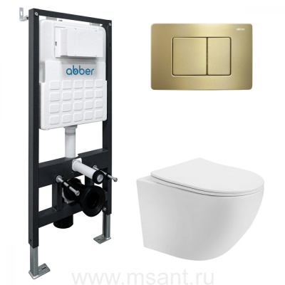 Комплект подвесной унитаз ABBER Bequem AC1100T белый с инсталляцией AC0105 и кнопкой AC0120MMG золото матовое