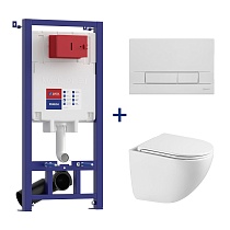 Комплект 3в1: Инсталляция Lemark PENEDA для унитазов с кнопкой смыва BIT хром глянец + унитаз подвесной безободковый GLAZER Торнадо белый глянец