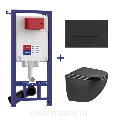 Комплект 3в1: Инсталляция Lemark PENEDA для унитазов с кнопкой смыва BIT чёрный матовый + унитаз подвесной безободковый GLAZER Торнадо чёрный матовый