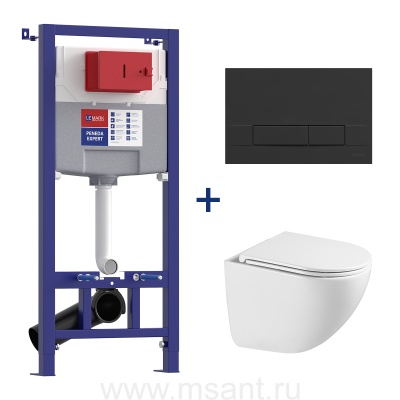 Комплект 3в1: 100122432 Инсталляция Lemark PENEDA EXPERT для унитазов с кнопкой смыва BIT чёрный матовый + унитаз подвесной безободковый GLAZER Торнадо белый глянец