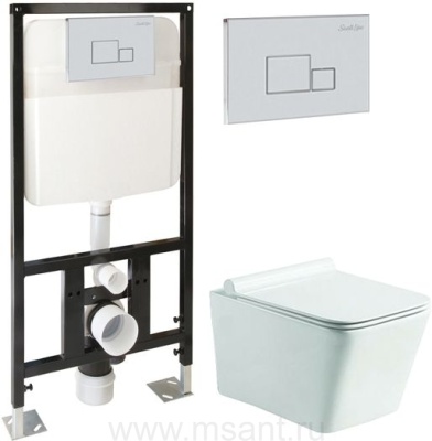  Унитаз подвесной с инсталляцией SantiLine SL-5007+SL-01 безободковый с сиденьем и клавишей смыва хром