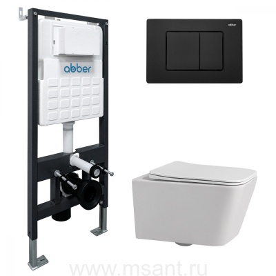 Комплект подвесной унитаз ABBER Rechteck AC1201 белый с инсталляцией AC0105 и кнопкой AC0120MB черный матовый