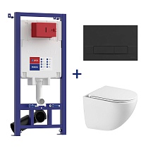 Комплект 3в1: 100802428 Инсталляция Lemark PENEDA для унитазов с кнопкой смыва BIT чёрный матовый + унитаз подвесной безободковый GLAZER Торнадо белый глянец