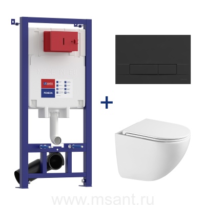 Комплект 3в1: 100802428 Инсталляция Lemark PENEDA для унитазов с кнопкой смыва BIT чёрный матовый + унитаз подвесной безободковый GLAZER Торнадо белый глянец