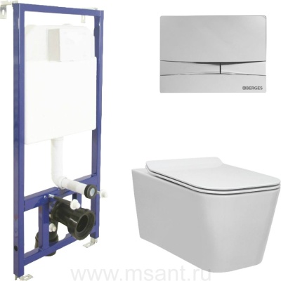 Комплект Berges NOVUM525, кнопка F3 хром глянец, унитаз Floe Rimless, сидение Floe Slim SO