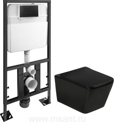 Унитаз подвесной SantiLine SL-5004MB + SL-04 безободковый с инсталляцией, сиденьем и клавишей смыва, черный матовый