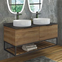 Тумба Comforty Порто 120, подвесная, дуб тёмно-коричневый с черной столешницей с раковинами Comforty 9110